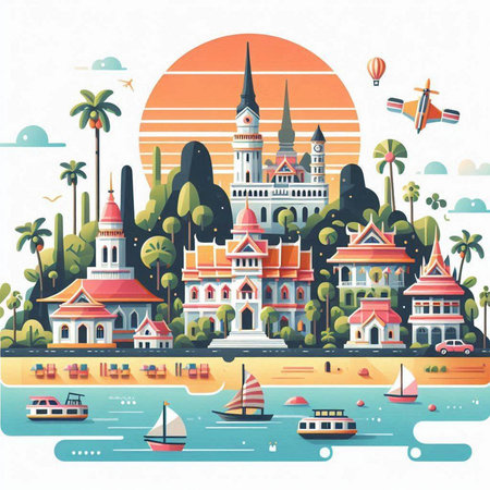 Travel to Thailand. Landmarks in flat style. Vector illustration.のイラスト素材
