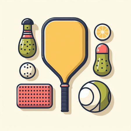 Vector illustration of sport elements in flat design style. Tennis racket, ball, tennis racket, pepper shaker, ball, lime.のイラスト素材