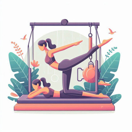 Gymnast girl doing pilates exercises. Vector illustration in flat styleのイラスト素材