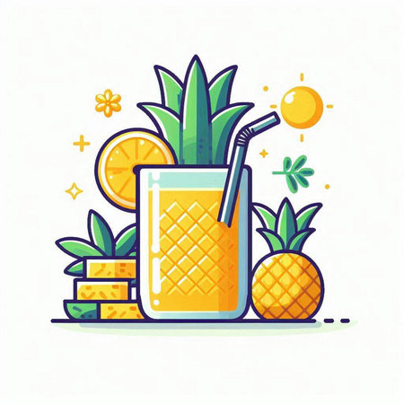 Pineapple smoothie with straw. Vector illustration in flat styleのイラスト素材