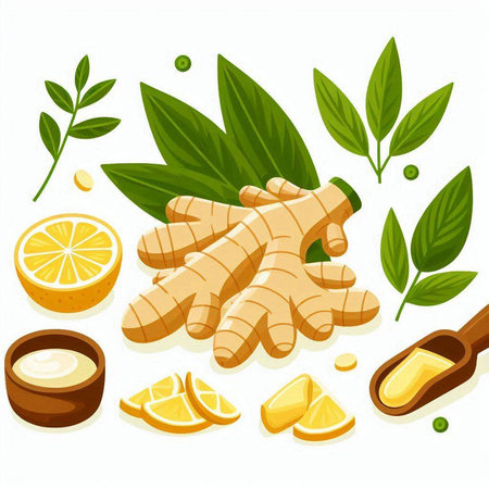 Ginger root, lemon, leaves and honey. Vector illustration.のイラスト素材