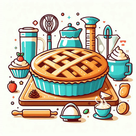 Vector illustration of apple pie with ingredients and kitchen utensils.のイラスト素材
