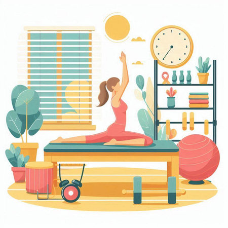 Yoga at home. Woman practicing yoga at home. Vector illustrationのイラスト素材