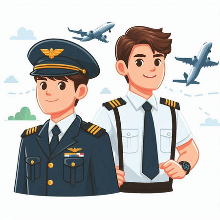Pilot and stewardess in uniform. Vector illustration in cartoon styleのイラスト素材