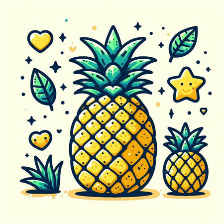 Pineapple vector illustration. Hand drawn tropical fruit with stars and hearts.のイラスト素材