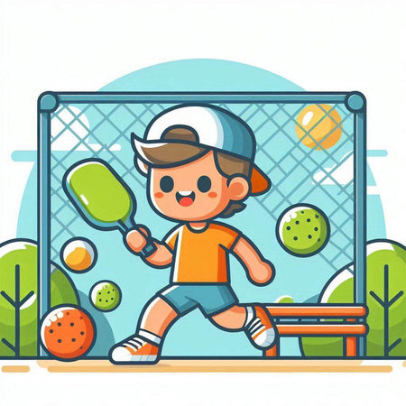 Cartoon boy playing tennis. Vector illustration of a boy playing tennis.のイラスト素材