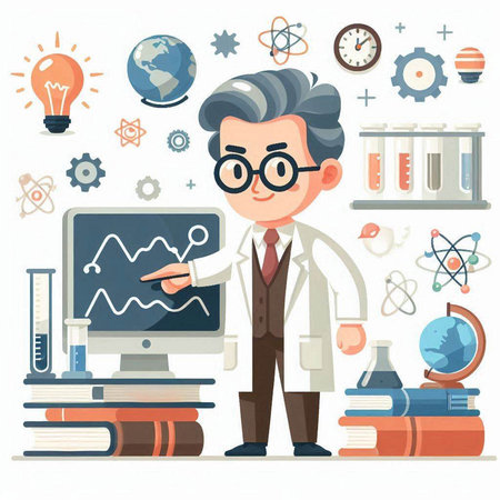 Scientist in white coat and glasses. Flat style vector illustration.のイラスト素材