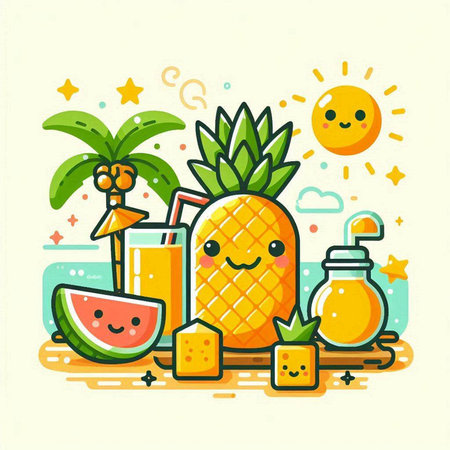 Vector illustration of pineapple and juice in flat style. Summer concept.のイラスト素材