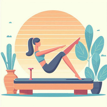 Fitness girl doing yoga in the gym. Vector illustration in flat styleのイラスト素材
