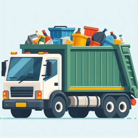 Garbage truck. Vector illustration of a garbage truck full of trash.のイラスト素材