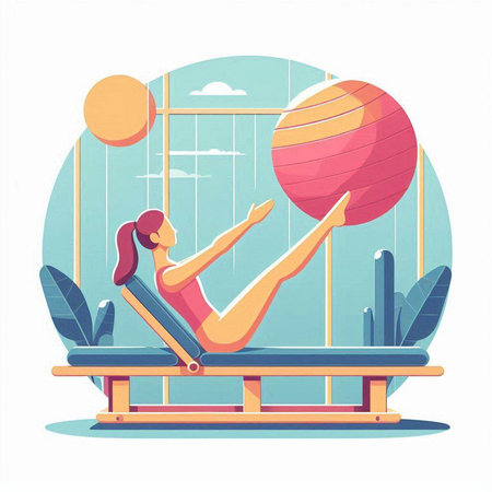 Young woman doing pilates exercise with fit ball. Flat vector illustration.のイラスト素材