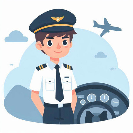 Pilot in the cabin of an airplane. Vector flat illustration.のイラスト素材
