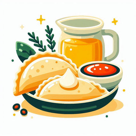 Vector illustration of tasty homemade dumplings with tomato sauce and sour creamのイラスト素材