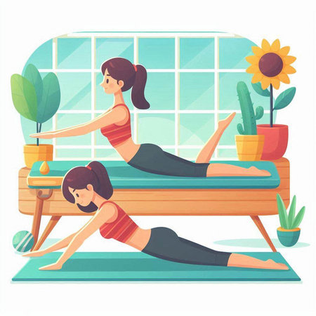 Young woman and man doing yoga at home. Healthy lifestyle. Vector illustrationのイラスト素材