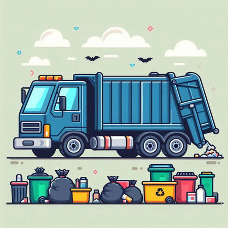 Garbage truck with garbage bags and trash can. Vector illustration.のイラスト素材