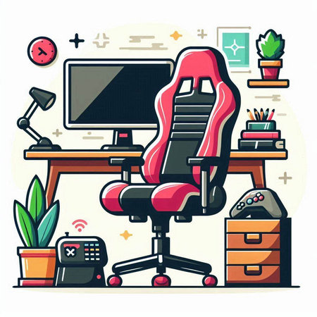 Vector illustration of office workplace with computer, chair, desk and other items.のイラスト素材