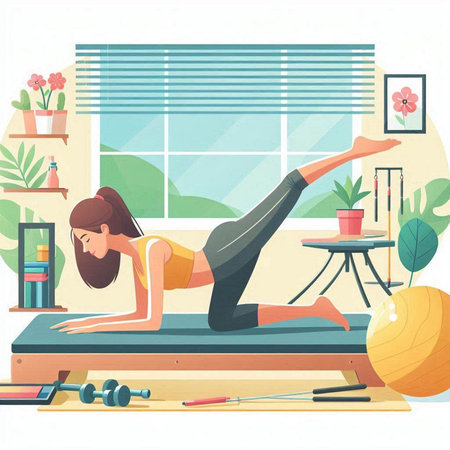 Young woman doing yoga exercises at home. Vector illustration in flat styleのイラスト素材