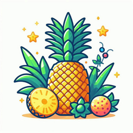 Pineapple fruit with leaves and berries. Cartoon vector illustration.のイラスト素材