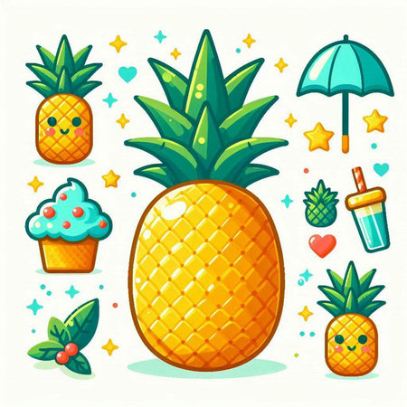 Pineapple fruit with ice cream, ice cream, cupcake, umbrella and hearts. Vector illustrationのイラスト素材