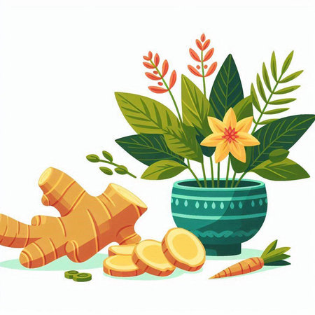 Ginger root, leaves and flower in a pot. Vector illustration.のイラスト素材