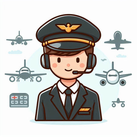 Pilot in uniform with headset and airplane on background. Vector illustration.のイラスト素材