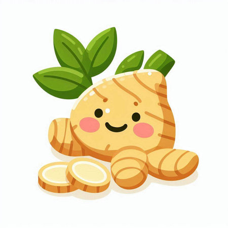 Kawaii ginger with leaves on white background. Vector illustration.のイラスト素材