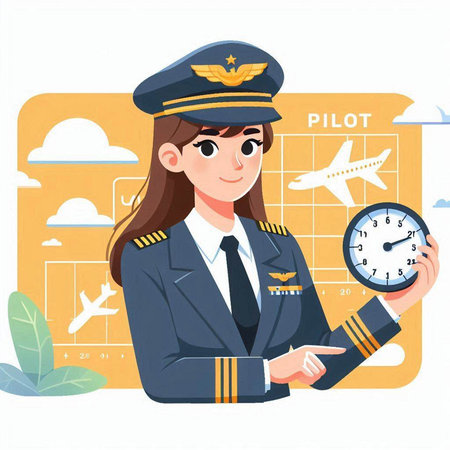 Pilot with clock and airplane. Vector illustration in cartoon style.のイラスト素材