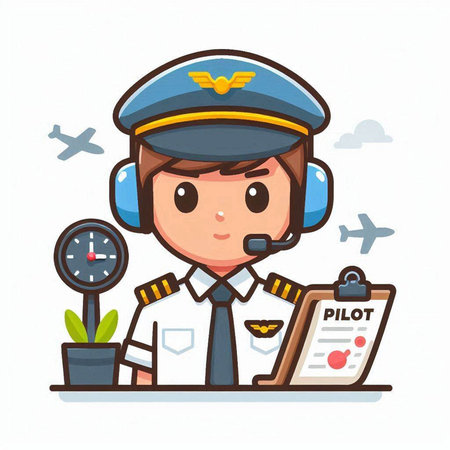 Pilot in uniform with checklist. Vector flat cartoon character illustration.のイラスト素材