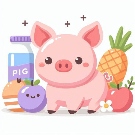 Vector illustration of a cute pig with a bottle of milk, fruits and vegetables.のイラスト素材