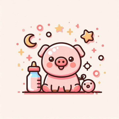Cute cartoon pig with milk bottle and stars. Vector illustration.のイラスト素材