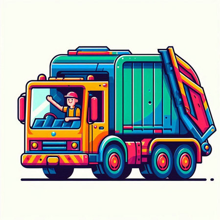 Garbage truck with a driver. Vector illustration in cartoon style.のイラスト素材