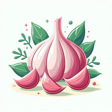 Illustration of a fresh garlic with green leaves on a white backgroundのイラスト素材