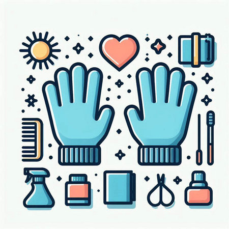 Vector illustration of set of flat line icons for the care of hands.のイラスト素材