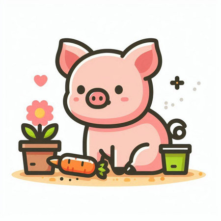 Cute pig with carrot and flower in pot. Vector illustration.のイラスト素材