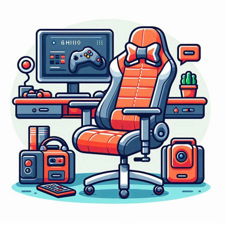 Funny vector illustration of modern office chair with computer and equipment.のイラスト素材