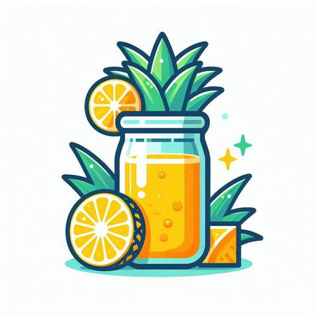 Cocktail in jar with slice of lemon and pineapple. Vector illustration.のイラスト素材