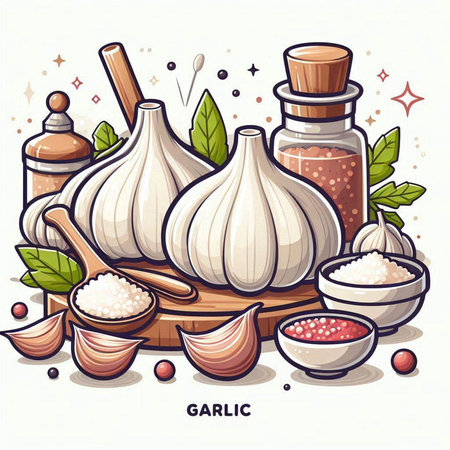 Garlic, spices and herbs vector illustration. Garlic, pepper, salt, oil, mortar and pestle.のイラスト素材