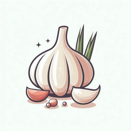 Illustration of Garlic, onion, garlic cloves and green leavesのイラスト素材
