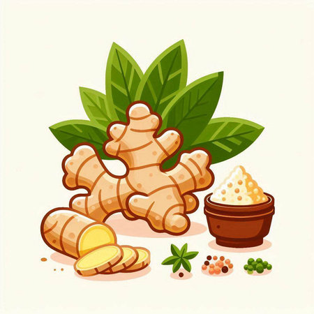Ginger root, powder and leaves. Vector illustration in cartoon style.のイラスト素材