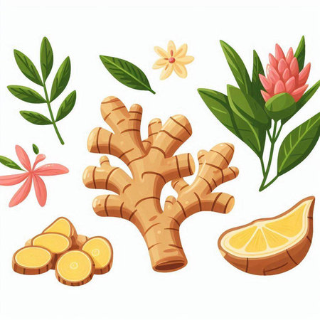 Ginger root, lemon, flower and leaves. Vector illustration.のイラスト素材