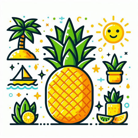 Vector illustration with pineapple, sea, sun and palm. Summer vacation concept.のイラスト素材