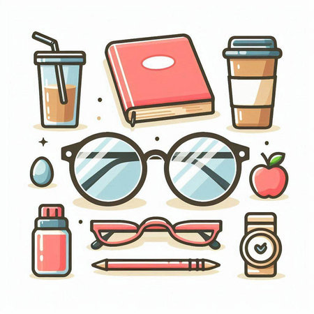 Illustration of a set of eyeglasses, book, coffee and other itemsのイラスト素材