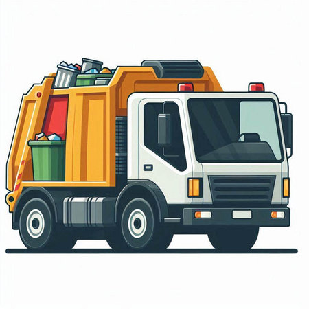 Garbage truck isolated on white background. Vector illustration in cartoon style.のイラスト素材