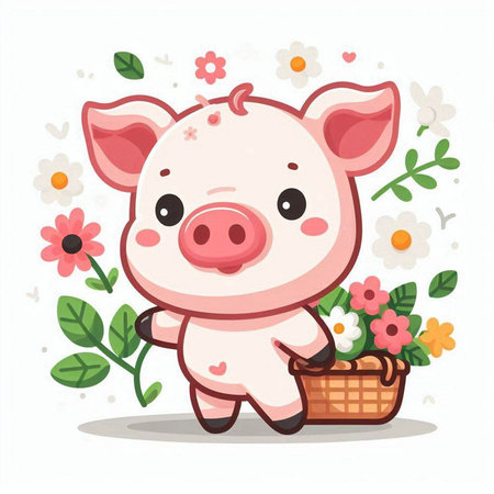 Cute cartoon pig with a basket of flowers. Vector illustration.のイラスト素材