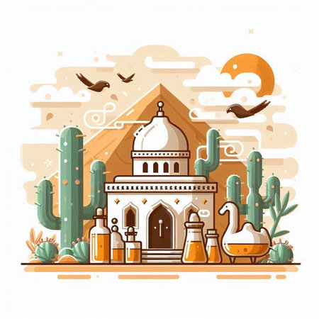 Vector illustration of mosque with cacti and flying birds on white backgroundのイラスト素材