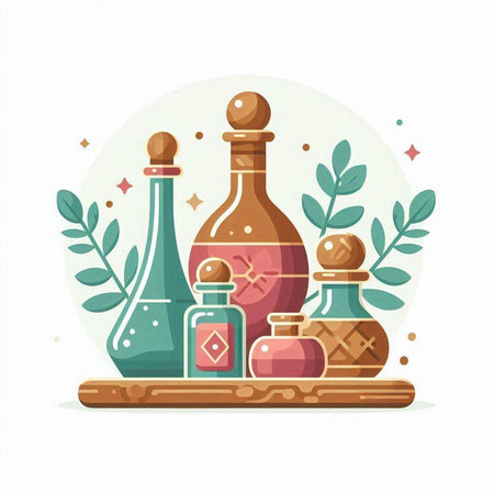 Set of bottles with potion and magic elixir. Vector illustration.のイラスト素材