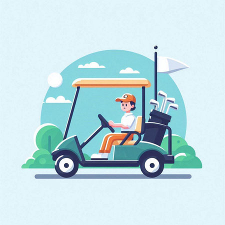 Golf cart in the park. Vector illustration in cartoon style.のイラスト素材