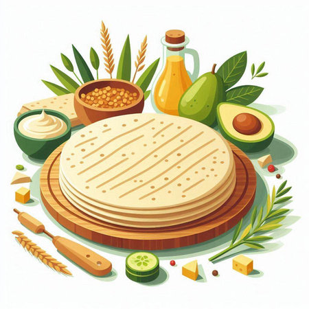 Mexican food, vector illustration of tortilla with avocado, guacamole, cheese, olive oil, guacamoleのイラスト素材