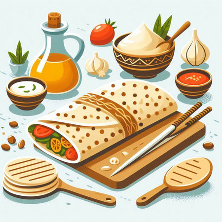 Illustration of a set of ingredients for making pita bread.のイラスト素材