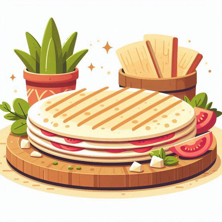 Tortilla with vegetables and cheese on a wooden board. Vector illustration.のイラスト素材
